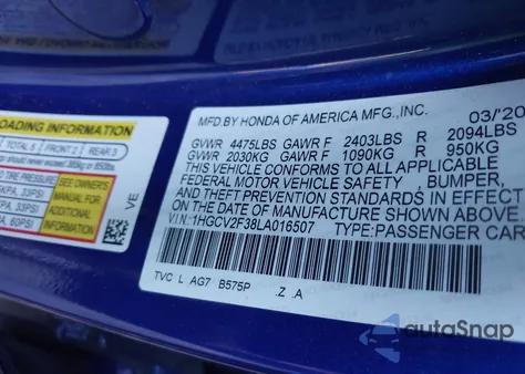 2020 Honda Accord Sport 2.0T из США, поврежденный, VIN 1HGCV2F38LA016507